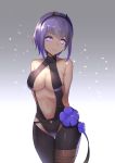  1girl backless_outfit bare_shoulders belt black_gloves black_hairband black_leotard blue_flower breasts center_opening cleavage commentary_request dark_skin eyebrows_visible_through_hair fate/grand_order fate/prototype fate/prototype:_fragments_of_blue_and_silver fate_(series) fingerless_gloves flower gloves grey_background hairband hassan_of_serenity_(fate) large_breasts leggings leotard maekawa_yuichi navel purple_eyes purple_hair short_hair smile solo star starry_background 