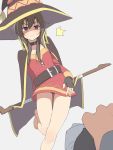  1girl angry bare_legs barefoot belt blush brown_hair cape collar commentary dress fingerless_gloves gloves hat holding holding_staff kono_subarashii_sekai_ni_shukufuku_wo! megumin panties panty_peek red_dress red_eyes salpin shaded_face short_hair_with_long_locks simple_background solo_focus staff sweatdrop underwear witch_hat 