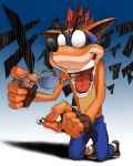  anthro bandicoot black_nose blue_background clothed clothing crash_bandicoot crash_bandicoot_(series) eyewear fingerless_gloves footwear full-length_portrait fur glasses gloves gradient_background hair kneeling legwear male mammal marsupial motion_lines naughty_dog open_mouth orange_fur pants portrait red_hair red_tongue shaking shoes simple_background socks solo sony_corporation sony_interactive_entertainment topless trembling video_games yapo 