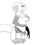  absurd_res anthro arm_warmers armwear bra breasts clothing female hi_res lingerie looking_at_viewer nipple_outline panties pururing reptile scalie smile snake solo standing thick_thighs underwear wide_hips 