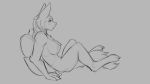  16:9 2019 anthro big_breasts breasts canid canine canis chest_tuft female grey_background mammal monochrome nipples nude simple_background sitting solo tuft watsup wolf 