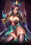  1girl animal_ears badcompzero battle_principal_yuumi breasts cape cat_ears cleavage glasses highres humanization league_of_legends leotard lips nail_polish purple_eyes tail thighhighs yuumi_(league_of_legends) 