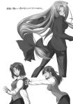  3girls fate/hollow_ataraxia fate_(series) fue_(rhomphair) glasses highres homurahara_academy_uniform long_hair low-tied_long_hair matou_sakura medium_hair mitsuzuri_ayako monochrome multiple_girls open_mouth rider scan very_long_hair 