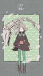  1girl bangs black_shirt brown_footwear fish_skeleton full_body green_eyes green_legwear grey_hair hair_ornament hairclip headphones headphones_around_neck long_sleeves looking_at_viewer no_nose noeru_(noellemonade) original shirt short_hair skeleton solo standing 