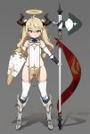  1girl ahoge armored_boots bare_shoulders blonde_hair blush boots closed_mouth elbow_gloves eyebrows eyelashes flat_chest full_body gloves groin hair_between_eyes halberd halo hand_on_hip highres holding holding_halberd holding_weapon horns knee_boots legs_apart long_hair looking_at_viewer original polearm red_eyes shield shiny shiny_skin simple_background skindentation smile solo standing thighhighs twintails two_side_up waterkuma weapon white_legwear 