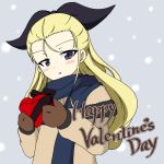  1girl assam black_ribbon blonde_hair blue_eyes blue_scarf box brown_coat brown_mittens coat commentary english_text gift girls_und_panzer hair_pulled_back hair_ribbon happy_valentine head_tilt heart-shaped_box holding holding_gift ichinose_jun light_blush long_hair long_sleeves looking_at_viewer parted_lips ribbon scarf smile snowing solo standing upper_body valentine 