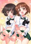  2girls akiyama_yukari blush brown_eyes brown_hair cameltoe condom cum ejaculation futanari girls_und_panzer hamoto highres masturbation multiple_girls mutual_masturbation navel nishizumi_miho open_mouth panties penis short_hair underwear 