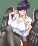  1girl adjusting_eyewear bangs between_breasts black-framed_eyewear black_hair black_legwear black_skirt black_wings blunt_bangs breasts chalkboard cleavage collarbone commentary_request dead_or_alive dead_or_alive_6 desk eyebrows_visible_through_hair feathered_wings glasses hime_cut hiroyama_(hpzg5374) holding indoors karasu_tengu large_breasts legs_crossed licking_lips long_hair looking_at_viewer mole mole_under_mouth nico_(doa) nyotengu on_desk purple_eyes shirt sitting skirt solo stuffed_toy tengu thighhighs tongue tongue_out white_shirt wings 