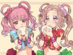  2girls :t anya_alstreim blush bracelet breasts brown_hair cleavage cleavage_cutout code_geass crop_top eating eyebrows_visible_through_hair flat_chest floating_hair flower food hair_flower hair_ornament heart_cutout holding holding_food jewelry long_hair midriff multiple_girls navel nunnally_lamperouge pink_eyes pink_flower pink_hair pink_rose purple_eyes purple_flower purple_rose rose shiny shiny_hair short_sleeves sketch small_breasts standing stomach sumi_otto upper_body 