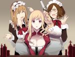  3girls bangs blonde_hair blush bottle breasts cleavage curly_hair earrings expressionless eyebrows_visible_through_hair eyes_closed glasses green_eyes jewelry large_breasts lipstick long_hair maid_headdress makeup mikoto_akemi multiple_girls open_mouth original pointing short_hair side_ponytail sweatdrop teeth 