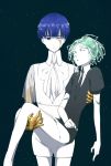  2others androgynous bangs blue_eyes blue_hair blunt_bangs carrying colored_eyelashes cracked crying crying_with_eyes_open crystal_hair determined dual_persona eyebrows_visible_through_hair eyes_closed gem_uniform_(houseki_no_kuni) golden_arms green_hair heterochromia highres houseki_no_kuni looking_at_viewer multiple_others multiple_persona necktie phosphophyllite phosphophyllite_(ll) princess_carry see-through_sleeves short_hair sleeping spoilers tears white_eyes white_skin 