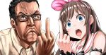  1boy 1girl a.i._channel anger_vein angry angry_video_game_nerd black_hair blue_eyes brown_hair collared_shirt commentary_request crossover drums_(artist) frown furrowed_eyebrows glasses hairband highres james_rolfe kizuna_ai long_hair middle_finger multicolored_hair open_mouth pink_hairband sailor_collar shirt simple_background sleeveless sleeveless_shirt streaked_hair trait_connection upper_body veins virtual_youtuber white_background 