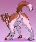  2019 5_fingers anthro areola breasts brown_fur canid canine canis digital_media_(artwork) domestic_dog ear_piercing ear_ring female fur hi_res mammal nipples open_mouth piercing rokemi simple_background solo standing tongue 