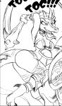 4_fingers big_breasts black_and_white breast_plate breasts butt clothed clothing club_(disambiguation) hi_res kobold monochrome non-mammal_breasts open_mouth partially_clothed scalie sketch smile teeth text tongue unknown_artist 