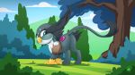  16:9 avian break_(disambiguation) day detailed_background digital_media_(artwork) feathered_wings feathers female feral grass gryphon hi_res mysticalpha outside smile solo standing tree wings 