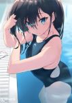  1girl black_hair black_swimsuit blue_eyes collarbone commentary_request competition_swimsuit cowboy_shot highres jonsun long_hair looking_at_viewer one-piece_swimsuit partially_submerged pool poolside solo ssss.gridman swim_cap swim_cap_removed swimsuit takarada_rikka twitter_username water 