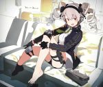  1girl bangs barefoot black_gloves blush breasts couch drill_hair eyebrows_visible_through_hair feet full_body fuu_fuu girls_frontline gloves green_neckwear hair_ornament hairclip highres indoors knee_pads looking_at_viewer necktie open_mouth pp-90_(girls_frontline) red_eyes ribbon short_shorts shorts silver_hair sitting smile solo twintails 