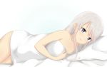  1girl azur_lane bangs bed_sheet blush breasts cleavage collarbone commentary cowboy_shot english_commentary enterprise_(azur_lane) eyebrows_visible_through_hair hair_between_eyes highres long_hair lying medium_breasts naked_sheet on_side pillow purple_eyes silver_hair solo under_covers yuujoduelist 