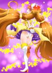  1girl absurdres amanogawa_kirara ass blush boots breasts cure_twinkle detached_collar dress earrings erect_nipples gloves go!_princess_precure highres jewelry large_breasts long_hair looking_back low-tied_long_hair magical_girl multicolored_hair open_mouth orange_hair panties precure purple_eyes quad_tails red_hair skirt smile solo standing standing_on_one_leg star star_earrings streaked_hair thigh_boots thighhighs twintails two-tone_hair underwear white_footwear white_gloves yellow_dress 