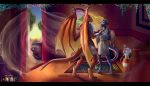  anthro barefoot black_bars day detailed_background digital_media_(artwork) digitigrade dragon duo horn inside male membranous_wings scalie shadify standing western_dragon wings 