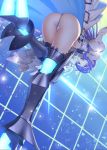  1girl :d armor armored_boots ass bangs bent_over blue_eyes blue_ribbon blush boots breasts crotch_plate eyebrows_visible_through_hair fate/grand_order fate_(series) from_behind hair_ribbon long_hair long_sleeves looking_at_viewer looking_back meltryllis navel open_mouth purple_hair revealing_clothes ribbon saruchitan sleeves_past_wrists smile solo thighhighs very_long_hair 