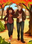  &lt;3 2017 anthro arm_in_arm autumn beanie blonde_hair blue_eyes border_collie brown_eyes canid canine canis chestnut_hair clothed clothing collar collie domestic_dog duo eye_contact female footwear friends fur grey_fur grin hair happy hat headgear headwear herding_dog hi_res hood human jacket jeans john_(ziapaws) korbin looking_at_another love male mammal master multicolored_fur outside pants park pastoral_dog pet romantic_couple roxy_(ziapaws) scarf sheepdog shoes smile spitz topwear tree walking 
