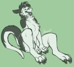  2019 anthro big_claws black_fur black_tongue canid canine claws digital_media_(artwork) digitigrade dragon eyes_closed fur furred_dragon glistening green_background hi_res hybrid male mammal nude open_mouth rokemi signature simple_background sitting solo sovy spread_legs spreading tongue tongue_out white_fur 