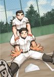  2boys baseball_field baseball_uniform belt black_eyes black_hair blush bulge hige_daifuku hige_daihuku highres multiple_boys outdoors smile sportswear 