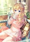  1girl aran_sweater bangs bare_shoulders barefoot bekkourico bench blonde_hair blue_eyes blush closed_mouth cup dated day dress eyebrows_visible_through_hair flower hair_between_eyes hair_flower hair_ornament holding holding_cup idolmaster idolmaster_cinderella_girls long_hair long_sleeves looking_at_viewer mug naked_sweater off-shoulder_sweater off_shoulder ootsuki_yui outdoors pillow pink_sweater plant potted_plant ribbed_sweater sitting smile solo sweater sweater_dress window wooden_floor 
