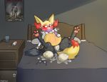  bed bedroom belly big_belly blush braixen breasts canid canine detailed_background egg embarrassed female gender_transformation ghostbun looking_away mammal nintendo oviposition pawpads paws pills pok&eacute;mon pok&eacute;mon_(species) post_transformation pregnant pussy pussy_juice scarf solo sweat transformation video_games 