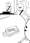  1boy bag collared_shirt comic commentary condom_box highres long_sleeves original shiromanta shiromanta_(character) shirt shoulder_bag solo standing table white_shirt 