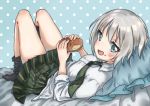  1girl aoba_moca bang_dream! black_legwear bread commentary eating food food_on_face green_eyes highres kneehighs looking_at_viewer lying necktie no_shoes on_back patterned_background pillow plaid plaid_skirt pleated_skirt polka_dot polka_dot_background riakosan school_uniform short_hair silver_hair skirt solo 