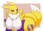  all_fours anthro big_breasts breasts curvaceous digimon digimon_(species) featureless_breasts female hi_res huge_breasts looking_at_viewer pururing renamon simple_background solo thick_thighs 