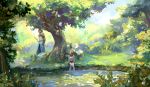  1boy 1girl achyue animal_ears black_gloves black_hair blue_sky bow_(weapon) bracer brown_hair day gloves grass highres hood leah_(pixiv_fantasia_last_saga) long_hair midriff omar_(pixiv_fantasia_last_saga) outdoors pixiv_fantasia pixiv_fantasia_last_saga river scenery sitting sky soaking_feet standing tree weapon wolf_ears 