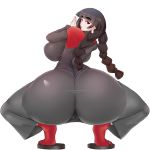  1girl absurdres ass ass_focus black_dress black_hair braid breasts dress from_behind hands_together hat highres hime_cut huge_ass huge_breasts long_hair looking_at_viewer looking_back no_hat no_headwear older paid_reward patreon_reward red_eyes red_legwear rice_hat sandals sha-pei_sahei simple_background snow solo squatting tiptoes touhou twin_braids white_background yatadera_narumi 
