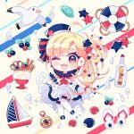  1girl ;d ahoge anchor_symbol animal bangs bird blonde_hair blue_bow blue_footwear blue_headwear blue_sailor_collar blush_stickers boat bottle bow brown_background chibi compass dress eyebrows_visible_through_hair food hair_bow hair_ornament hair_rings hat ice_cream ie_(nyj1815) lifebuoy long_hair mary_janes message_in_a_bottle neckerchief one_eye_closed open_mouth original red_eyes red_neckwear sailboat sailor_collar sailor_dress sandals seagull seashell shell shoes sleeveless sleeveless_dress smile solo star star_hair_ornament striped striped_bow thighhighs tilted_headwear very_long_hair wafer_stick watercraft white_dress white_footwear white_legwear 
