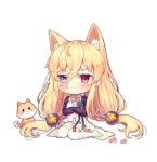  &gt;:( 1girl animal animal_ear_fluff animal_ears bangs blue_eyes blush chibi closed_mouth crossed_arms dog dress eyebrows_visible_through_hair foreign_blue frown full_body g41_(girls_frontline) girls_frontline hair_between_eyes hair_ornament heterochromia korean_text long_hair no_shoes pantyhose pleated_skirt red_eyes simple_background sitting skirt sleeveless sleeveless_dress solo v-shaped_eyebrows very_long_hair wariza white_background white_dress white_legwear white_skirt 