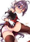  1girl akebono_(kantai_collection) ass black_legwear eyebrows_visible_through_hair fallen_down gloves hair_between_eyes hair_ornament hairclip highres kantai_collection long_hair long_sleeves looking_at_viewer neit_ni_sei one_eye_closed panties pink_panties purple_eyes purple_hair remodel_(kantai_collection) side_ponytail solo thighhighs torn_clothes torn_gloves torn_legwear underwear very_long_hair white_gloves 