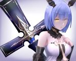  1girl azur_lane bangs bare_shoulders blue_hair breasts choker cross_(weapon) dress fleur_de_lis floating_headgear gascogne_(azur_lane) gauntlets gradient gradient_background hair_between_eyes headgear highres junno_(jun12man) looking_at_viewer multicolored_hair parted_lips short_hair simple_background single_gauntlet solo strapless strapless_dress upper_body weapon white_dress yellow_eyes 