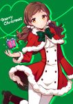  1girl box brown_eyes brown_footwear brown_hair capelet dress fur-trimmed_capelet fur-trimmed_dress fur-trimmed_sleeves fur_trim gift gift_box green_background green_neckwear hair_bobbles hair_ornament idolmaster idolmaster_million_live! kitazawa_shiho leg_up long_hair long_sleeves looking_to_the_side merry_christmas pantyhose plaid_neckwear red_capelet short_dress solo sparkle standing standing_on_one_leg touon twintails white_legwear 