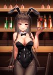  1girl animal_ears bangs bar black_legwear black_leotard black_neckwear blunt_bangs bottle bow bowtie breasts brown_hair bunny_ears bunny_girl bunnysuit chair chinese_commentary cleavage commentary_request cowboy_shot detached_collar dsr-50_(girls_frontline) girls_frontline highres large_breasts leotard long_hair looking_at_viewer pantyhose red_eyes shoron solo strapless strapless_leotard table tray 