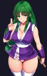  1girl bangs bare_shoulders black_background breasts cleavage closed_mouth collarbone commentary_request eyebrows_visible_through_hair ganbare_goemon green_eyes green_hair highres ishimiso_(ishimura) japanese_clothes large_breasts legs_together leotard long_hair looking_at_viewer low-tied_long_hair microskirt ninja panties pantyshot parted_bangs shiny shiny_hair simple_background skirt sleeveless smile solo standing thighhighs underwear very_long_hair weapon white_legwear white_leotard wrist_guards yae_(ganbare_goemon) 