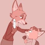  1:1 anthro bedroom_eyes canid canine clothed clothing cub digital_media_(artwork) disney duo female fox fur half-closed_eyes male mammal mother mrs._wilde nemonutkin nick_wilde parent seductive simple_background smile son vhs video_cassette young zootopia 