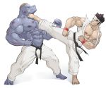  abs absurd_res barefoot bruised clothed clothing gi hi_res human karate kick machoke maldu male mammal muscular muscular_male navel nintendo nipples pecs pok&eacute;mon pok&eacute;mon_(species) simple_background topless video_games white_background 