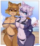  amber_eyes anthro beach black_clothing black_swimwear blue_eyes blue_fur blue_sky breast_squish breasts breasts_frottage brown_fur brown_hair canid canine chest_tuft cleavage cleavage_cutout clothed clothing duo ear_tuft eyebrow_through_hair eyebrows fangs felid feline female front_view fur grey_clothing grey_hair grey_swimwear hair hand_on_shoulder hi_res looking_at_viewer mammal mofumofumachine multicolored_fur navel open_mouth open_smile pawpads pink_pawpads pink_tongue portrait sand sea seaside skimpy sky slightly_chubby smile swimwear thick_thighs three-quarter_portrait tongue translucent translucent_hair tuft two_tone_fur voluptuous water white_fur wide_hips 