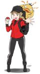  1girl backpack bag black_headwear blonde_hair boots butcha-u creatures_(company) detective_pikachu_(movie) detective_pikachu_(series) eyelashes full_body game_freak gen_1_pokemon hat jacket lucy_stevens nintendo open_hand open_mouth outstretched_hand poke_ball poke_ball_(generic) pokemon pokemon_(creature) psyduck red_jacket smile solo standing 