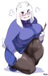  anthro big_breasts blush boss_monster bovid breasts caprine clothed clothing deltarune eyewear female fur glasses goat hi_res legwear lightsource looking_at_viewer mammal red_eyes simple_background solo thigh_highs toriel undertale underwear video_games white_fur 