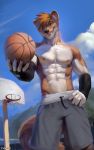  2019 abs anthro athletic basketball bottomwear brown_fur brown_hair chunie claws clothed clothing detailed_background digital_media_(artwork) fur hair hi_res looking_at_viewer male mammal muscular muscular_male mustela mustelid musteline navel nipples outside pecs shorts sky smile solo teeth topless whiskers white_fur 