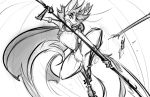  action_pose anthro clothing fur hair holding_object holding_weapon leaning long_hair male mammal melee_weapon monochrome nude out-of-placers polearm pose simple_background sketch smile solo spear standing tail_fluff watsup weapon webcomic white_background yinglet 