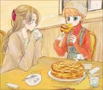  2girls alternate_costume bangs basuko beanie braid chair crown_braid cup drinking_glass eating eyebrows_visible_through_hair female food fork gintama hair_ornament hat holding holding_cup holding_fork indoors kagura_(gintama) long_hair multiple_girls orange_hair overalls pie red_sweater ribbed_sweater short_hair sitting spoon sweater table tokugawa_soyo turtleneck turtleneck_sweater 